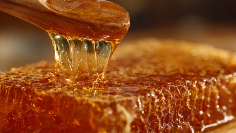 Drvena kašika zahvata gust med sa saća